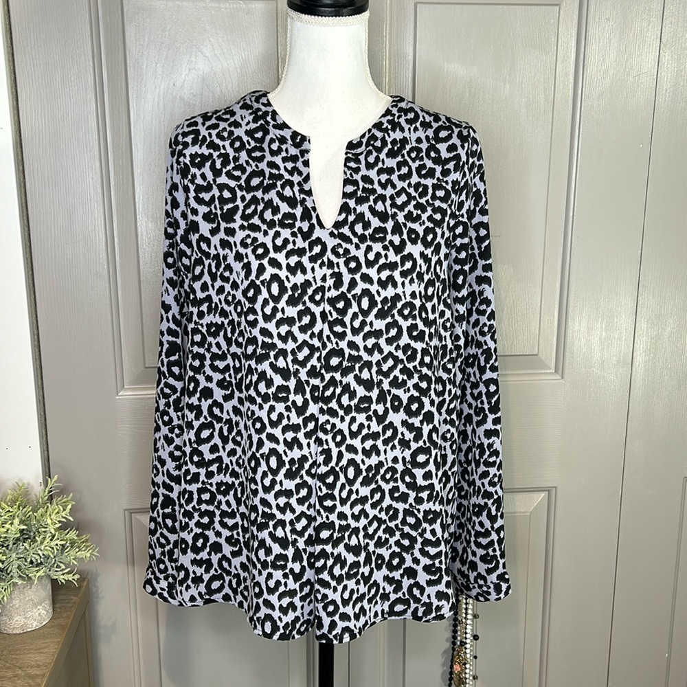 Pleione Black and Blue/Gray Leopard Blouse Top Size M